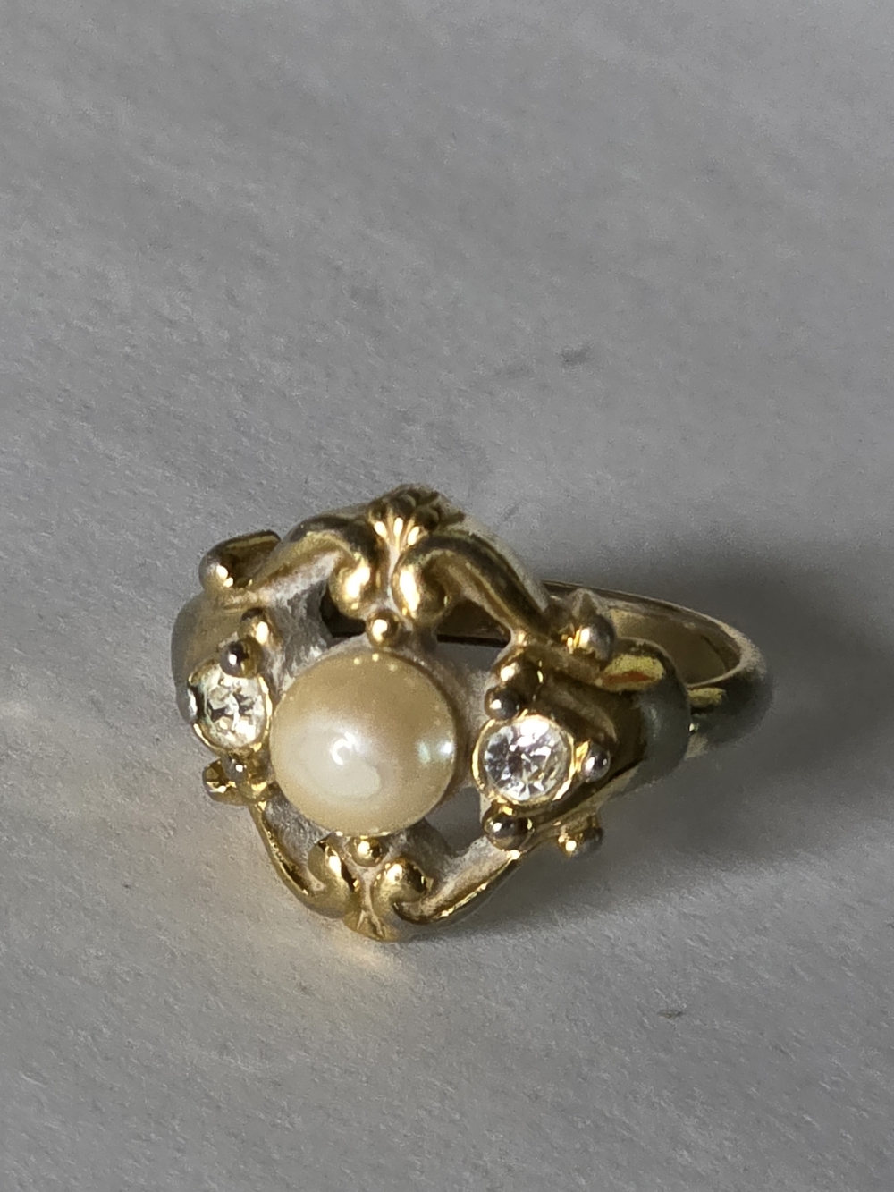 Vintage Costume Gold Pearl and Crystal Accent Ring - Women's Fashion Jewelry 5.5